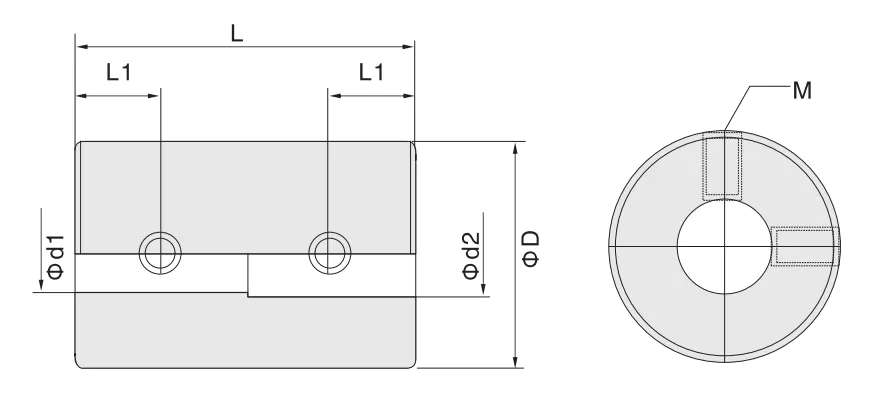 TS7-16 setscrew rigid coupling dimension drawing showing OD 16mm length 24mm bore options